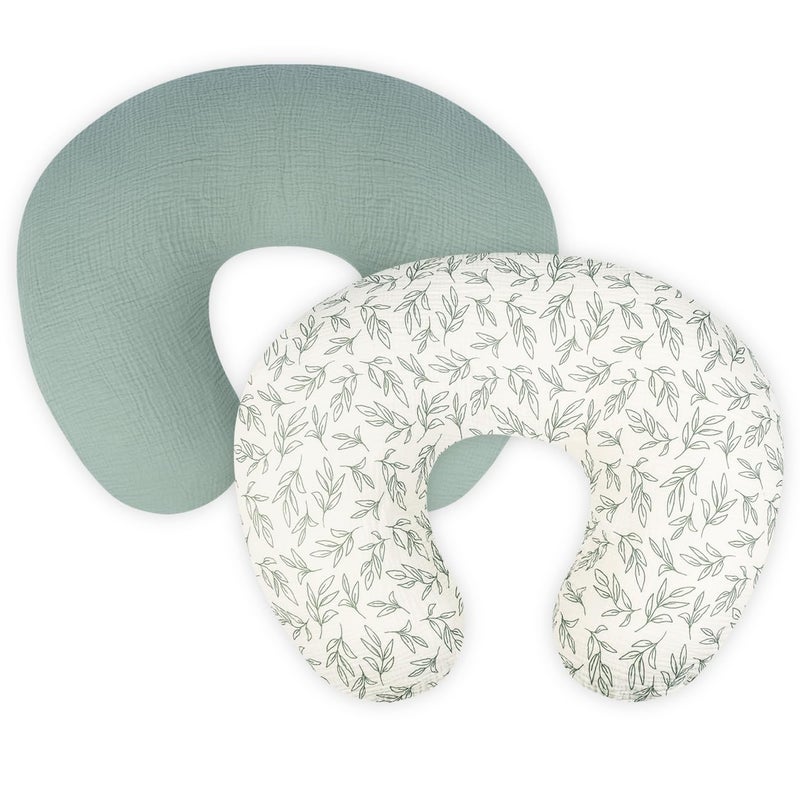 lethooly Nursing Pillow Cover - 2-Pack Muslin Cotton Removable Covers for Breastfeeding Pillows, Ultra-Soft Baby Feeding Pillowcase for Boy & Girl, Fits 22.5"x18" Pillows (Green Leaf & Sage Green) - Image 1